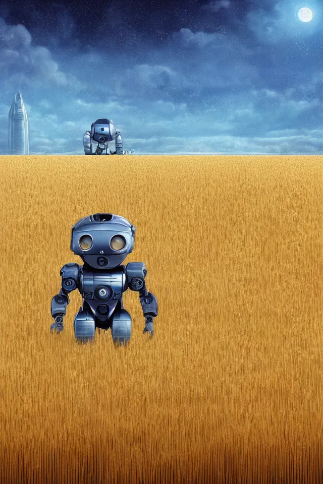 Prompt: concept art of a small terminator robot in the middle of wheat fields looking at big tall buildings by christopher balaskas, godrays, atmospheric, cinematic, distant world, wide angle, detailed