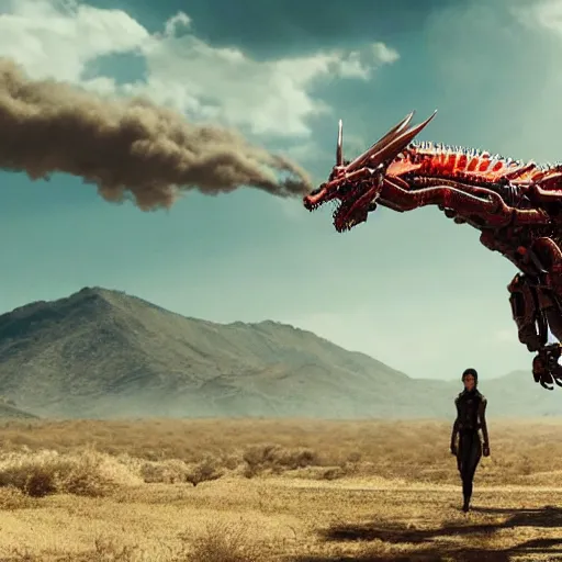 Image similar to cinematic still of westworld, a full body red stunning intricate si - fi robotic fantasy dragon, well armored mech dragon, highly detailed