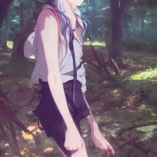 Image similar to anime character in the woods, hyperrealistic, trending on pixiv fanbox, painted by greg rutkowski makoto shinkai takashi takeuchi studio ghibli, akihiko yoshida