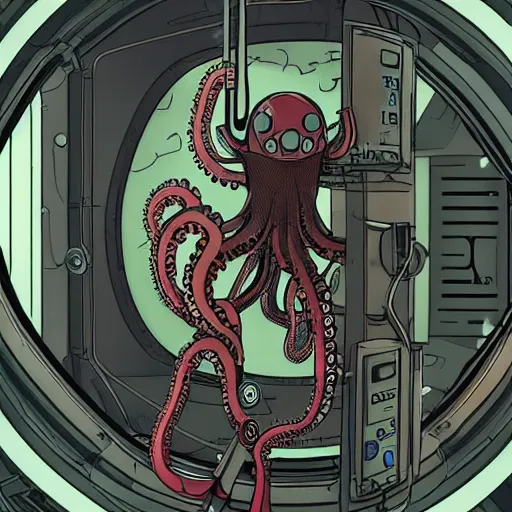 Image similar to robotic Octopus in an airlock, Industrial Scifi, cyberpunk, detailed illustration, character portrait, by Martin Grip and Moebius