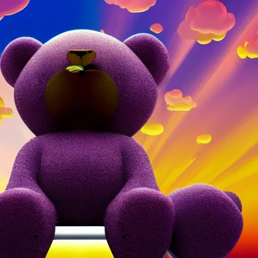 Image similar to cartoon animated bear wearing clothes being launched out of a futuristic machine into a purple and orange cloud land