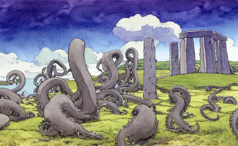 Image similar to a hyperrealist studio ghibli watercolor fantasy concept art. in the foreground is a giant grey octopus lifting a stone. in the background is stonehenge. by rebecca guay, michael kaluta, charles vess