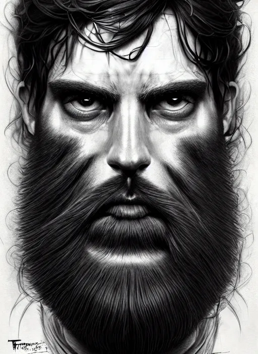 Image similar to a dream portrait of a shy boy with long hair and full beard, black & white, melting, webbing, 8 k, by tristan eaton, stanley artgerm, tom bagshaw, greg rutkowski, carne griffiths, ayami kojima, beksinski, giger, trending on deviantart, face enhance, hyper detailed, minimalist, horror, alien