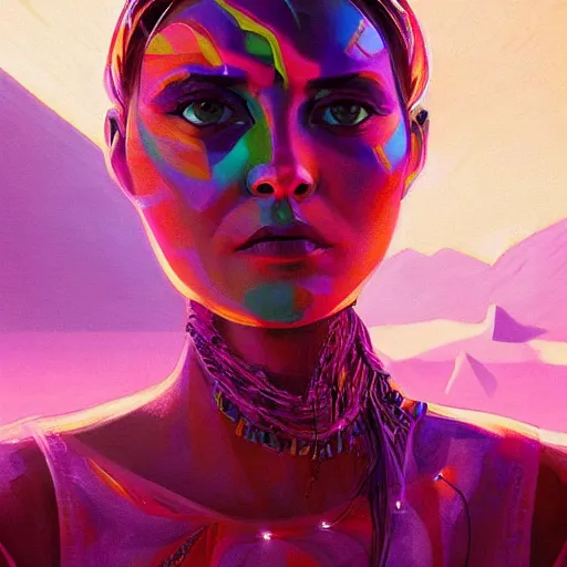 Prompt: colorful character portrait a woman in the desert at night, among the stars, set in the future 2 1 5 0, highly detailed face, very intricate, symmetrical, cinematic lighting, award - winning, painted by mandy jurgens, pan futurism, dystopian, bold colors, cyberpunk, groovy vibe, anime aesthetic, featured on artstation