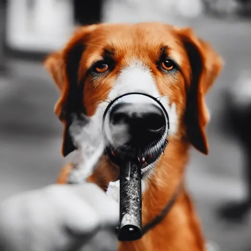 Prompt: photograph of a dog holding a cigarette in its mouth, smoking