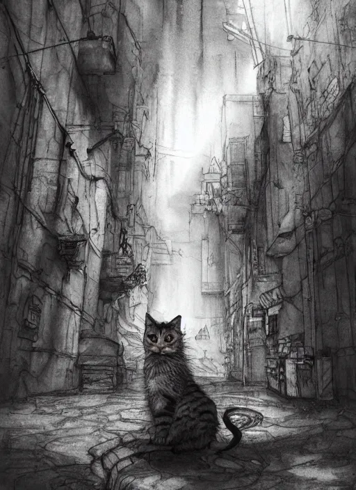 Image similar to portrait, depressed scruffy kitten wanders a scary sewer, watercolor, dramatic lighting, cinematic, establishing shot, extremely high detail, foto realistic, cinematic lighting, pen and ink, intricate line drawings, by Yoshitaka Amano, Ruan Jia, Kentaro Miura, Artgerm, post processed, concept art, artstation, matte painting, style by eddie mendoza, raphael lacoste, alex ross