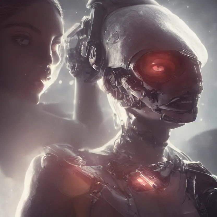 Image similar to hyperrealistic photo of a cyborg girl, volumetric lighting, portrait, epic, cinematic lighting, masterpiece, trending on artstation, very detailed, stunning