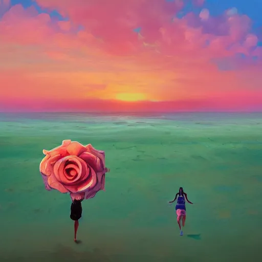 Image similar to portrait, giant rose flower head, woman running at the beach, surreal photography, sunrise, blue sky, dramatic light, impressionist painting, digital painting, artstation, simon stalenhag