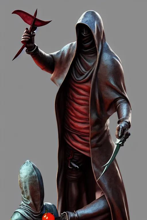 Prompt: a statue of a hooded cultist is holding a bloody knife in one hand and a tomato on the other, by patrick mcenvoy and michael komarck and fantasy flight, incredible quality, trending on artstation