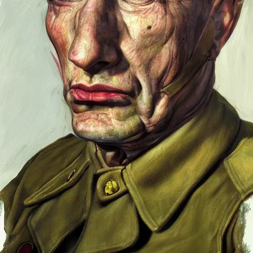 Image similar to high quality high detail painting by lucian freud, hd, exaggerated portrait of a soldier, photorealistic lighting