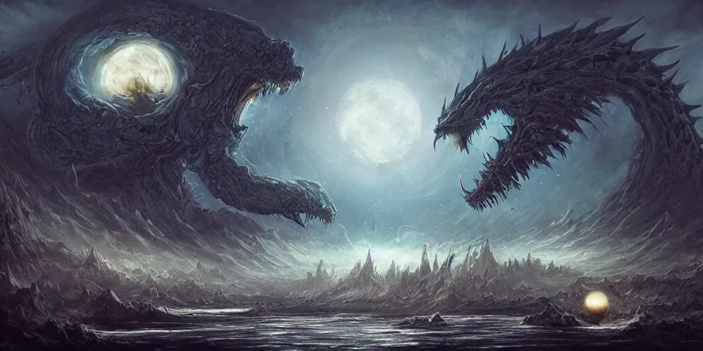 Prompt: concept art of giant kaiju, japanese, lots of teeth, melting horror, round moon, rich clouds, fighting the horrors of the unknown, mirrors, very detailed, volumetric light, mist, grim, fine art, decaying, textured oil over canvas, epic fantasy art, very colorful, ornate, anato finnstark