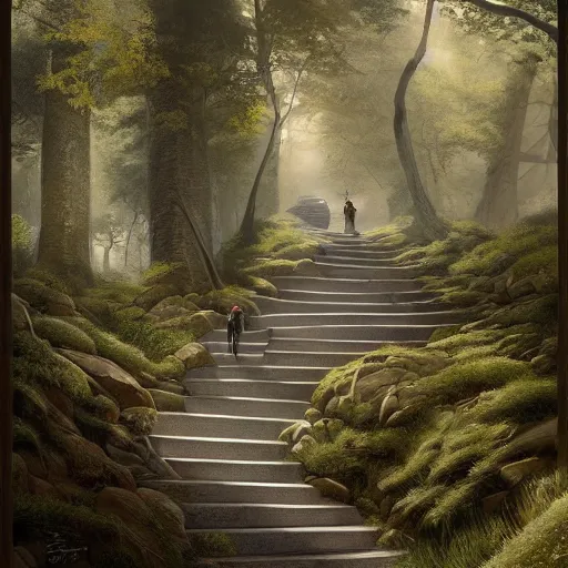 Prompt: a painting of a person walking up a set of stairs in a forest, a detailed matte painting by michael james smith, cgsociety, fantasy art, matte painting, cryengine, vray