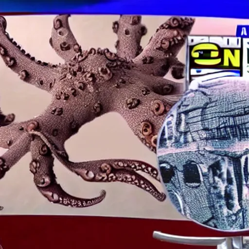 Prompt: ted cruz octopus monster destroys a city, news coverage on local affiliate