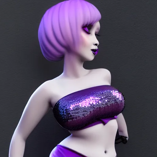 Prompt: a curvy feminine pale goth cutie with a thin waist in a tight purple-grey-white seductive sequined outfit, cgsociety, photorealistic, sublime-comforting ambience, 16k, smooth, sharp focus, trending on ArtStation, volumetric lighting, fully clothed, worksafe
