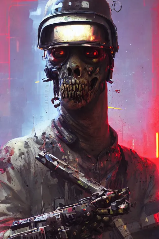 Image similar to zombie soldier from battlefield 1, cyberpunk futuristic neon. decorated with traditional japanese ornaments by ismail inceoglu dragan bibin hans thoma greg rutkowski alexandros pyromallis nekro rene maritte illustrated, perfect face, fine details, realistic shaded, fine - face, pretty face