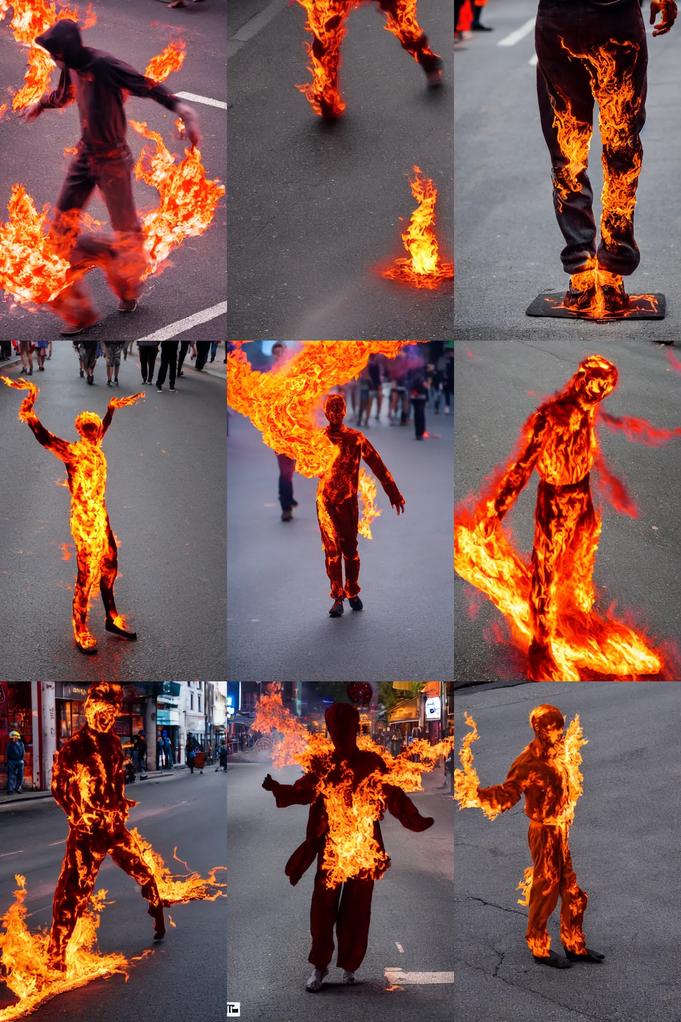 Prompt: a man made of fire walking down the street, 4 k, high quality