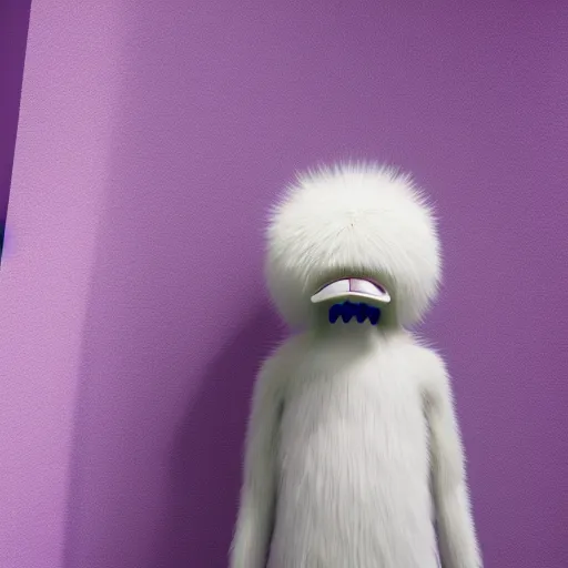 Image similar to a photo of a white fur monster standing in a purple room, cinema 4 d, octane render, 3 d