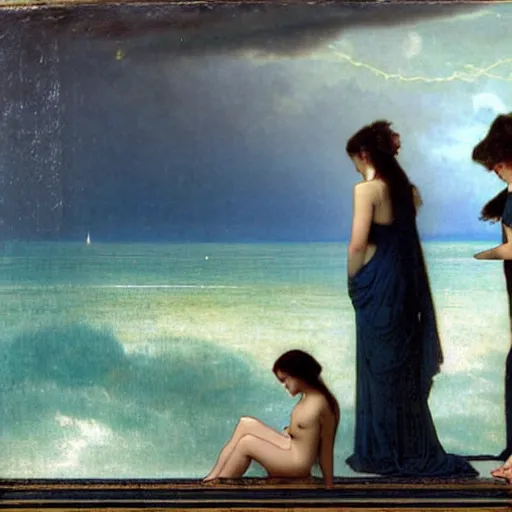 Image similar to Silhouette of two girls at the palace, thunderstorm, greek pool, beach and palm trees on the background major arcana sky, by paul delaroche, alphonse mucha and arnold böcklin arnold böcklin hyperrealistic 8k, very detailed