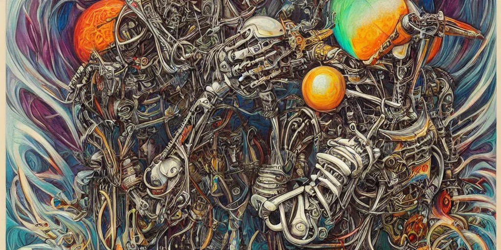 Image similar to a beautiful painting of robot by aaron horkey, trending on artstation, skeleton, colorful