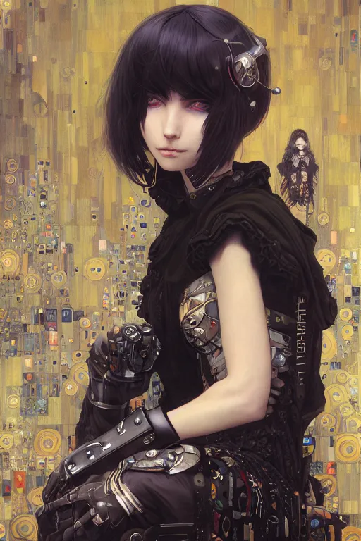 Prompt: portrait of beautiful young gothic maiden, cyberpunk, Warhammer, highly detailed, artstation, illustration, art by Gustav Klimt and Range Murata and Ilya Kuvshinov and RossDraws