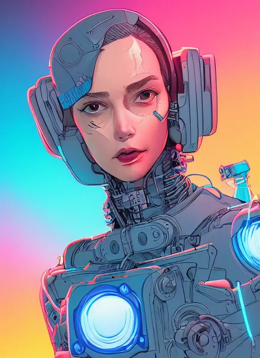 Image similar to portrait of a cyborg humanoid girl with mechanical and electronic element, denim jacket surrounded by neon light, illustrated by Artgerm and Michael Whelan and Laurie Greasley, highly detailed, trending on artstation