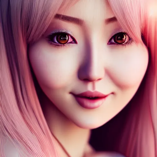 Image similar to beautiful hyperrealism hyperdetailed portrait of nikki from shining nikki dress - up game, a cute young woman, light pink hair, long hair with full bangs, full heart - shaped face, amber eyes, pale skin, light blush, chinese heritage,, smiling softly, golden hour, soft focus, 8 k,