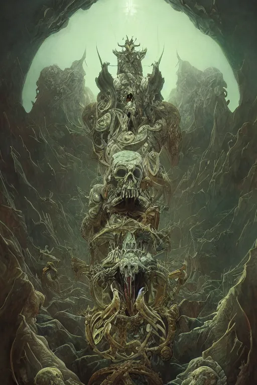 Image similar to evil gigantic demon skull lord of death, fantasy painting, ultra realistic, wide angle, art nouveau, intricate details, rainbowshift, vivid colors, highly detailed by peter mohrbacher, h. r. giger, maxfield parrish, gaston bussiere, gustave dore, craig mullins