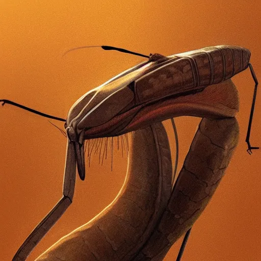 Prompt: portrait of brown anthropomorphic mantis religiosa ; hard predatory look ; d & d rogue ; flat triangle - shaped head with thin thread - like antennae ; concept art ; artstation ; 8 k ; wallpapers ; heavy contrast ; cinematic art ; cgsociety ; art by greg rutkowski and artgerm
