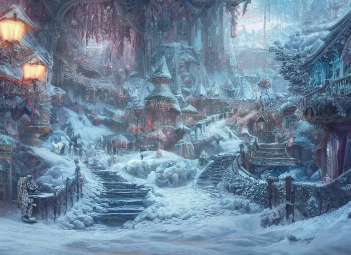 Image similar to detailed concept art illustration pastel painting of a fantasy land covered in snow in full intricate detail, ultra detailed, digital art, octane render, 4K, dystopian, micro details