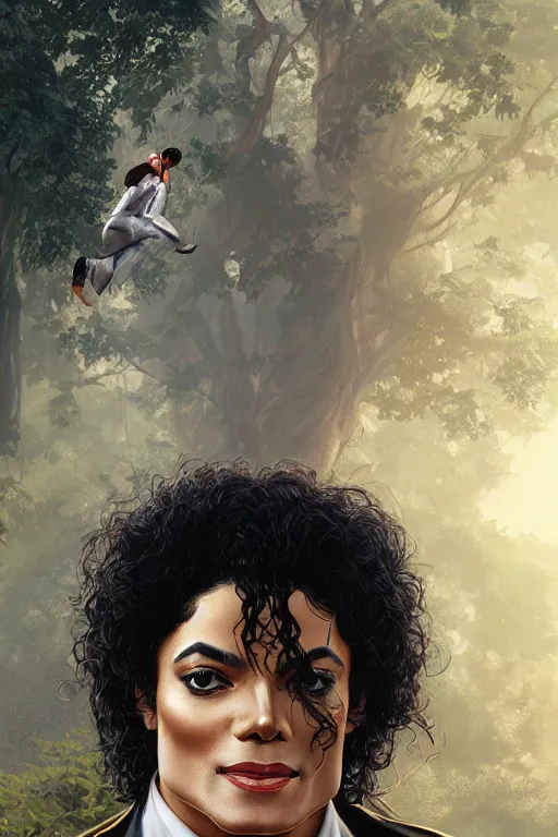 Image similar to male cottagecore michael jackson portrait with nature as background, intricate, swagger, highly detailed, digital painting, artstation, concept art, smooth, sharp, focus, illustration, art by artgerm and greg rutkowski and alphonse mucha