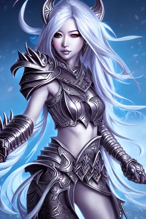 Image similar to sakimi chan, detailed face, standing, silver fantasy armor, tony sart