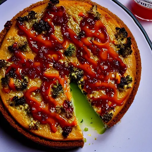 Image similar to A broccoli and raisin cheese cake, seasoned with red chilli pepper and apricot jam, high definition photography, 8k, food photography