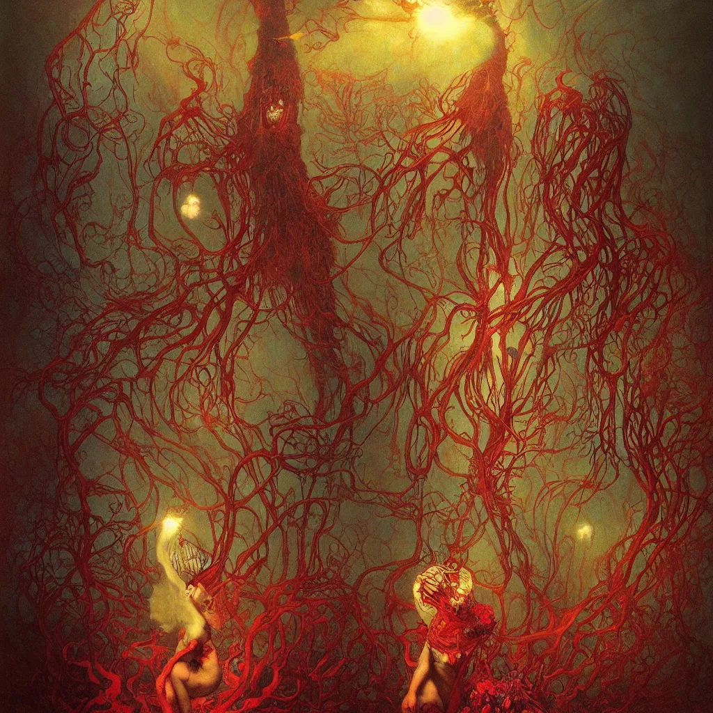 Image similar to colorful fungus monsters by beksinski, red veins by alphonse mucha, intense lighting, light beams, lens flare, intricate, elegant, nightmare, highly detailed, digital painting, artstation, concept art, smooth, sharp focus, illustration