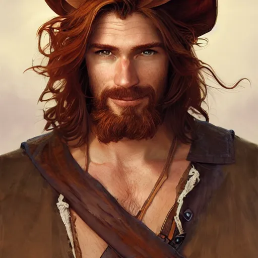 Image similar to portrait of a young ruggedly handsome but joyful pirate, male, masculine, upper body, red hair, long hair, d & d, fantasy, joyful smirk, intricate, elegant, highly detailed, digital painting, artstation, concept art, matte, sharp focus, illustration, art by artgerm and greg rutkowski and alphonse mucha