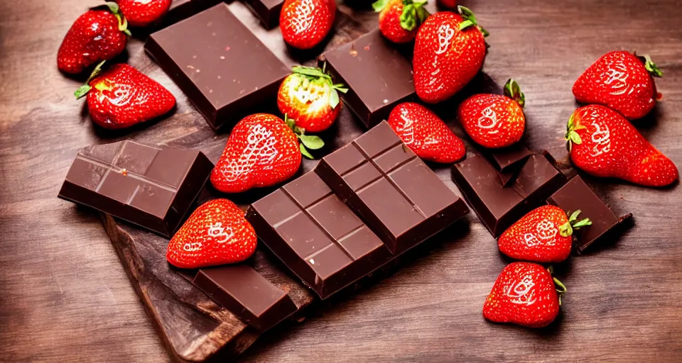 Image similar to A gourmet dark chocolate bar, next to sliced strawberries, on a wooden tray, macro lens product photo