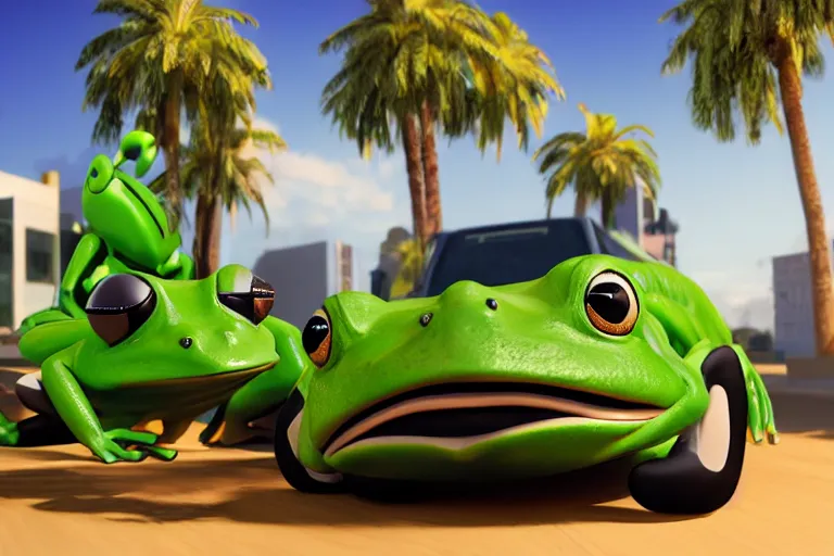 Prompt: frog wearing a suit driving a car in the front seat, palm trees, 3 d render, octane render, unreal engine, hyper detailed