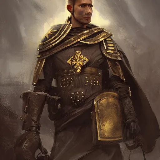 Image similar to Medium shot young idealistic and pious homely male Imperial soldier wearing a black tabard with light yellow accents over a brown gambeson and a {realistic steel helm!!!!!}, by Raymond Swanland Greg Rutkowski Lise Deharm, {perfect face}, {perfect eyes}, {uncertain look}, {on edge}