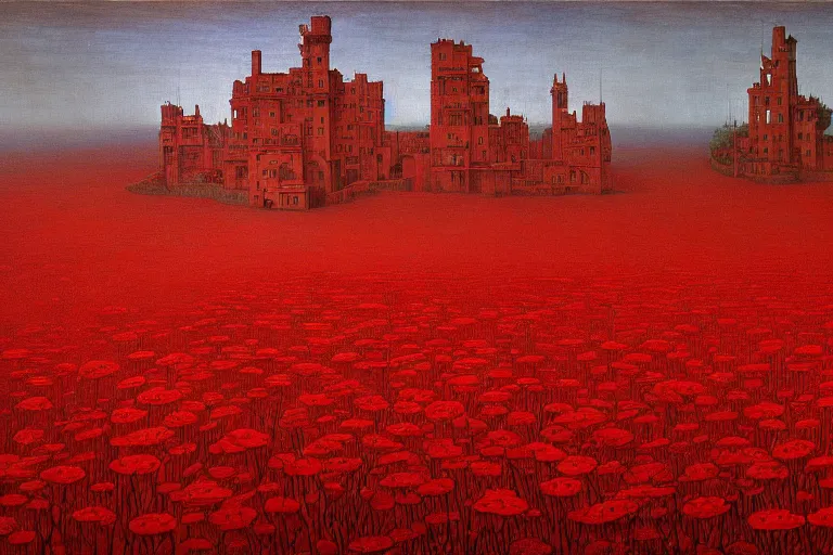 Image similar to only with red, red flowers of different types, a red tiger, a castle in the background, medieval demons dance over the flowers, an ancient path, in the style of beksinski, part by hopper, part by rodcenko, part by hofbauer, intricate composition, red by caravaggio, insanely quality, highly detailed, masterpiece, red light, artstation