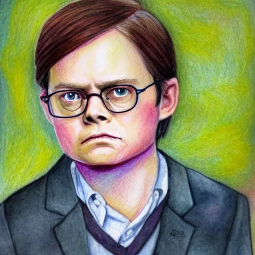 Image similar to a portrait of dwight schrute, from the office ( 2 0 0 5 ). colored pencil and watercolor artwork in the style of lilia alvarado. color harmony