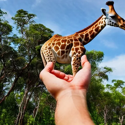 Image similar to human holds giraffe on his palm. photography