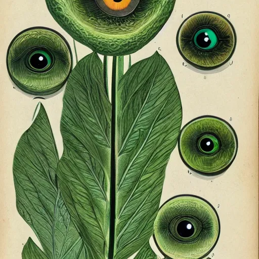 Prompt: botanical illustration of a green plant with eyeballs instead of flowers