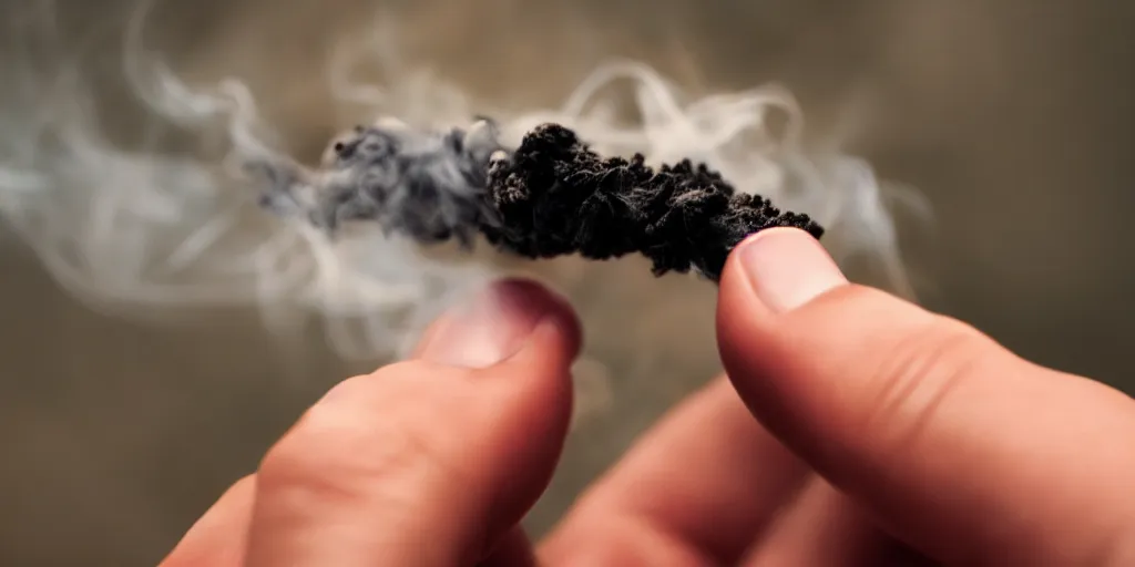 Image similar to Close-up of soft hand holding cigarette with smoke, hyper realistic photo, 4K