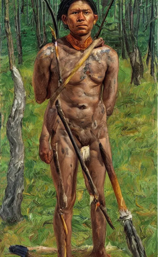 Prompt: full shot picture of indigenous people young man standing with a spear in the forest, painted by lucian freud, hd, super detailed, amazing, realistic lighting