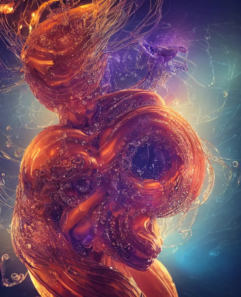 Image similar to close-up macro portrait of the face of a beautiful princess, epic angle and pose, symmetrical artwork, 3d with depth of field, blurred background, cybernetic jellyfish female face skull phoenix bird, translucent, nautilus, energy flows of water and fire. a highly detailed epic cinematic concept art CG render. made in Maya, Blender and Photoshop, octane render, excellent composition, cinematic dystopian brutalist atmosphere, dynamic dramatic cinematic lighting, aesthetic, very inspirational, arthouse. y Greg Rutkowski, Ilya Kuvshinov, WLOP, Stanley Artgerm Lau, Ruan Jia and Fenghua Zhong