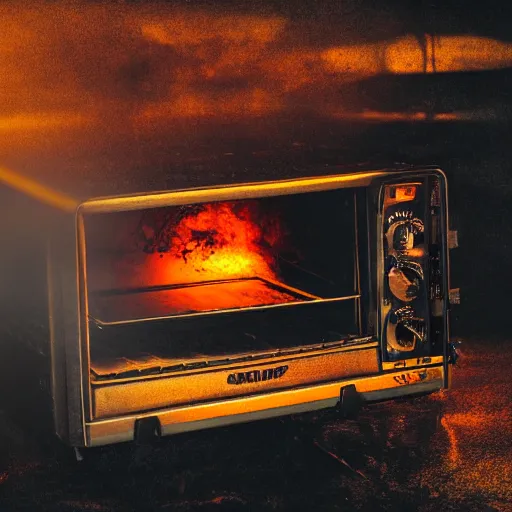 Image similar to toaster oven hanging by metallic cables, symmetry, dark messy smoke - filled cluttered workshop, dark, dramatic lighting, orange tint, sparks, cinematic, highly detailed, sci - fi, futuristic, movie still