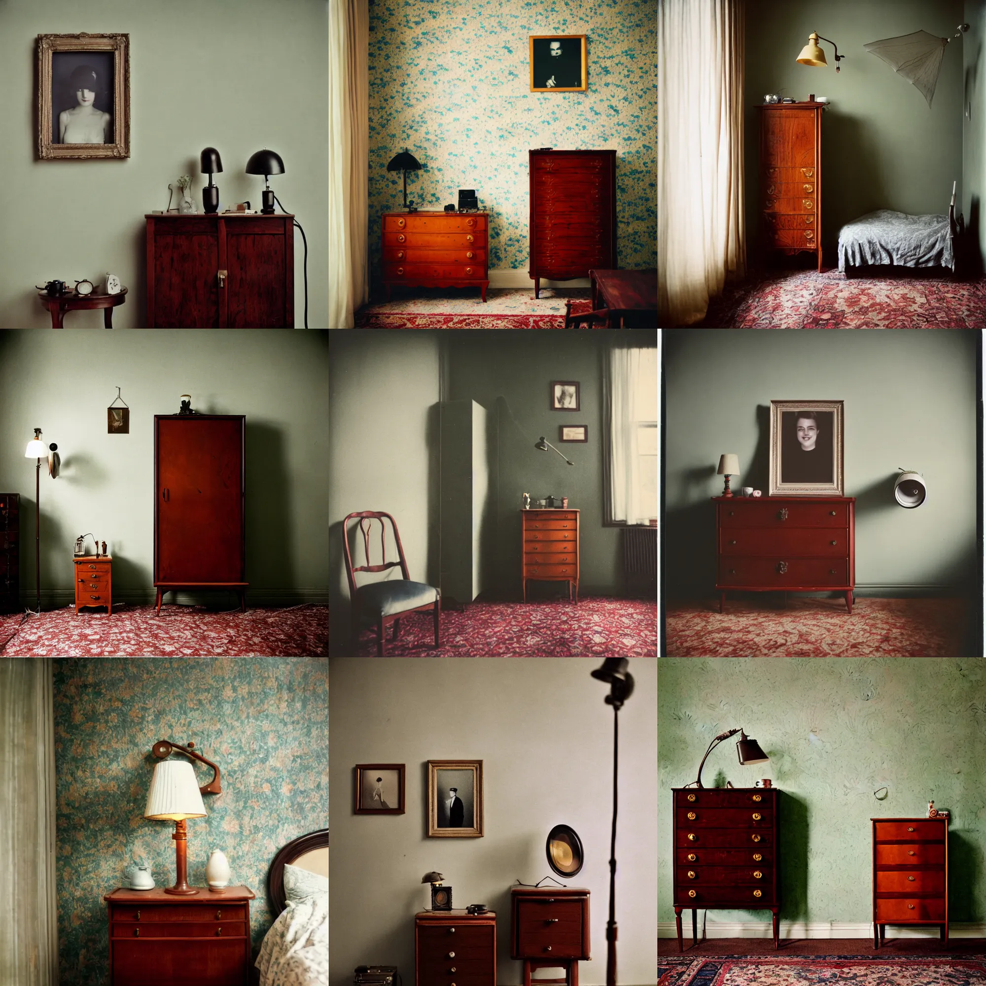 Image similar to kodak portra 4 0 0, wetplate, fisheye, award - winning portrait photo by britt marling, 1 9 2 0 s room, picture frames, 1 9 2 0 s furniture, wallpaper, carpet, shining lamp,, muted colours, blueberry, wood, fog,