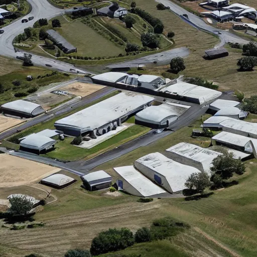 Prompt: fortified compound. aerial photography. military installation.