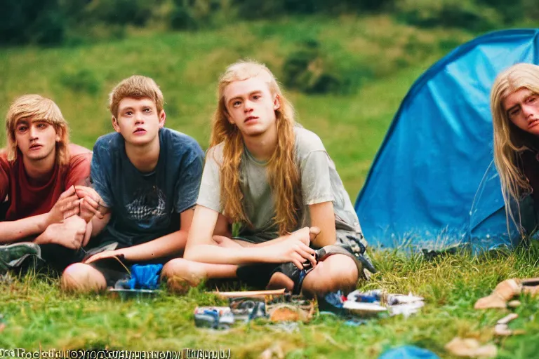 Image similar to candid photo of 3 teenagers camping at Glastonbury, UK, Kodak Portra 200,8K,highly detailed: beautiful perspective closeup environmental portrait photo in style of 2000s retrofuturism, cinema lighting , by beksinski, photography fashion edition, tilt shift, highly detailed, focus on man ;blonde hair;blue eyes, clear eyes, soft lighting