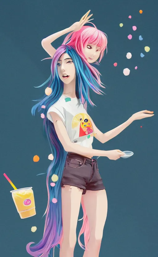 Image similar to a kawaii woman with rainbow hair, happy, summer time, holding boba tea drink, soft eyes and narrow chin, dainty figure, long hair straight down, kawaii shirt and jeans, basic white background, In style of by Jordan Grimmer and greg rutkowski, crisp lines and color