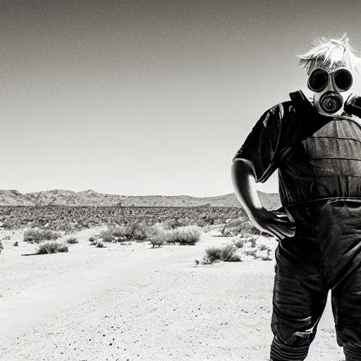 Prompt: A photo of Boris Johnson in a gas mask and underpants, Breaking Bad, RV, New Mexico desert, cinematic lighting